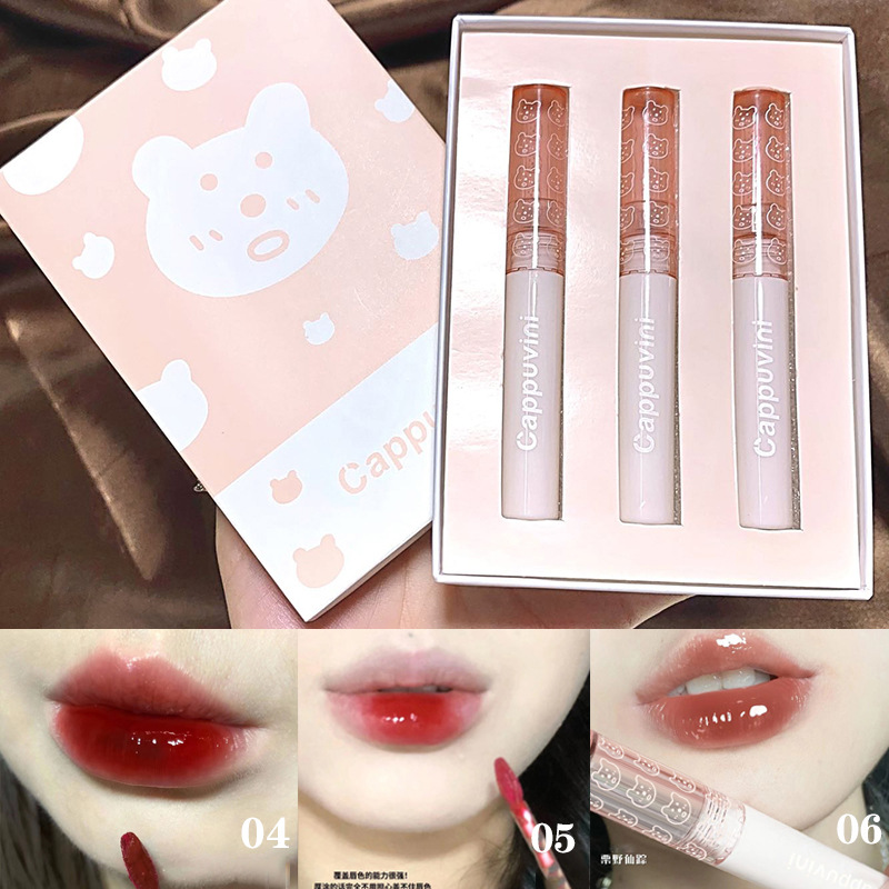 Cappuvini Bubble Lip Glaze Set Mirror Water Gloss Glass Lip Glaze Women's Lipstick Affordable Student Milk Tea Color Lip