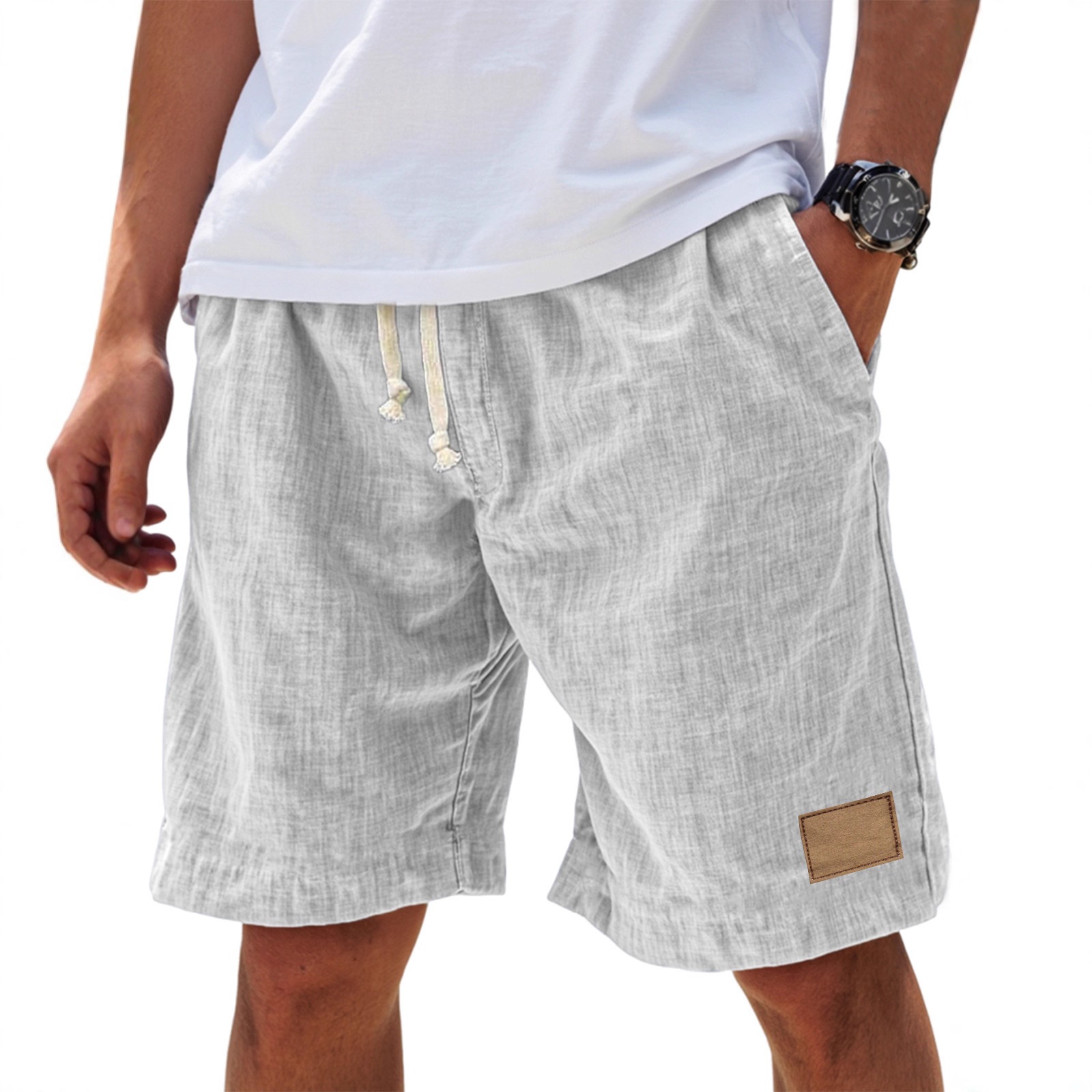 1391 Thin Material Pocket Leather Label Cross-Border Amazon New Style Faux Linen Five-Point Casual Pants Men's Drawstring Shorts