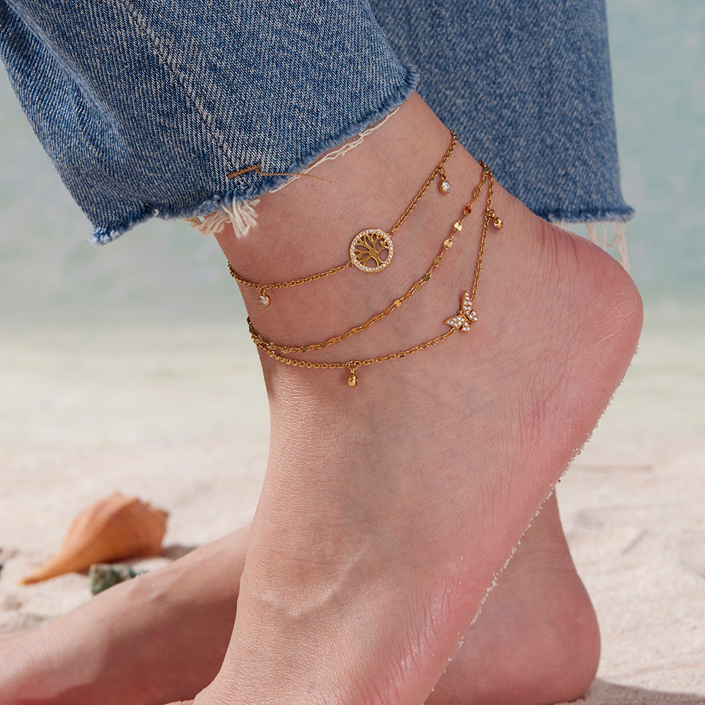 Xinyixinxin Cross-Border Jewelry Fashionable and Simple Life Tree Inlaid with Zircon Anklet Stainless Steel Plated with 18K Real Gold Does Not Fade