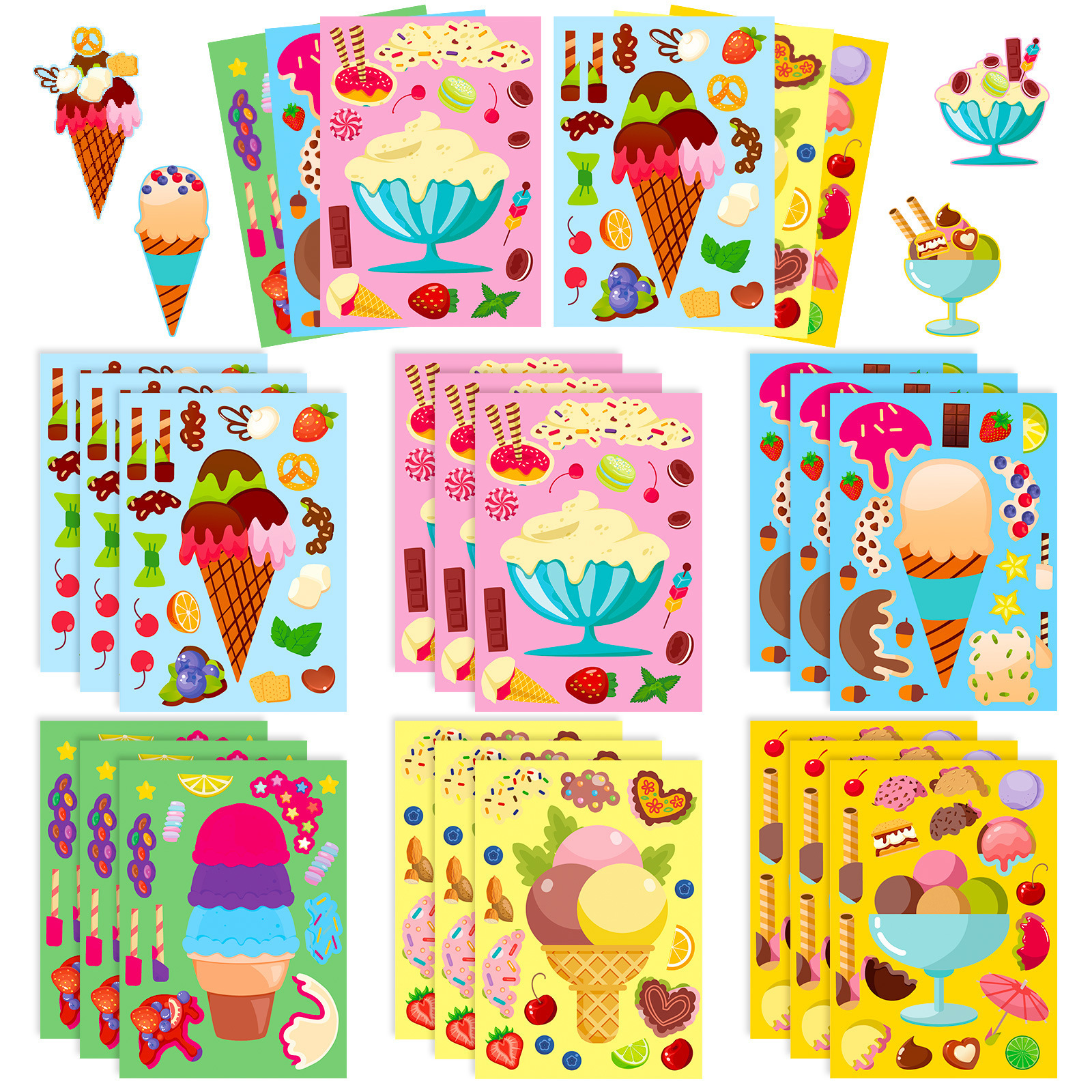 6 Sheets/Pack of Ice Cream Dessert DIY Kidsren's Cute Food Cartoon Puzzle Stickers Creative Cone Face Changing Stickers