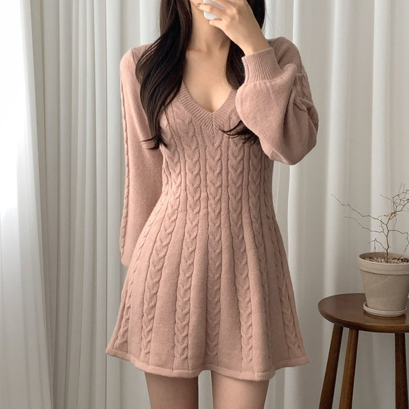 Chic Elegant Twist Knitted Dress for Women 2025 Autumn and Winter New Lantern Mid-Length Waist V Neck Sweater for Women