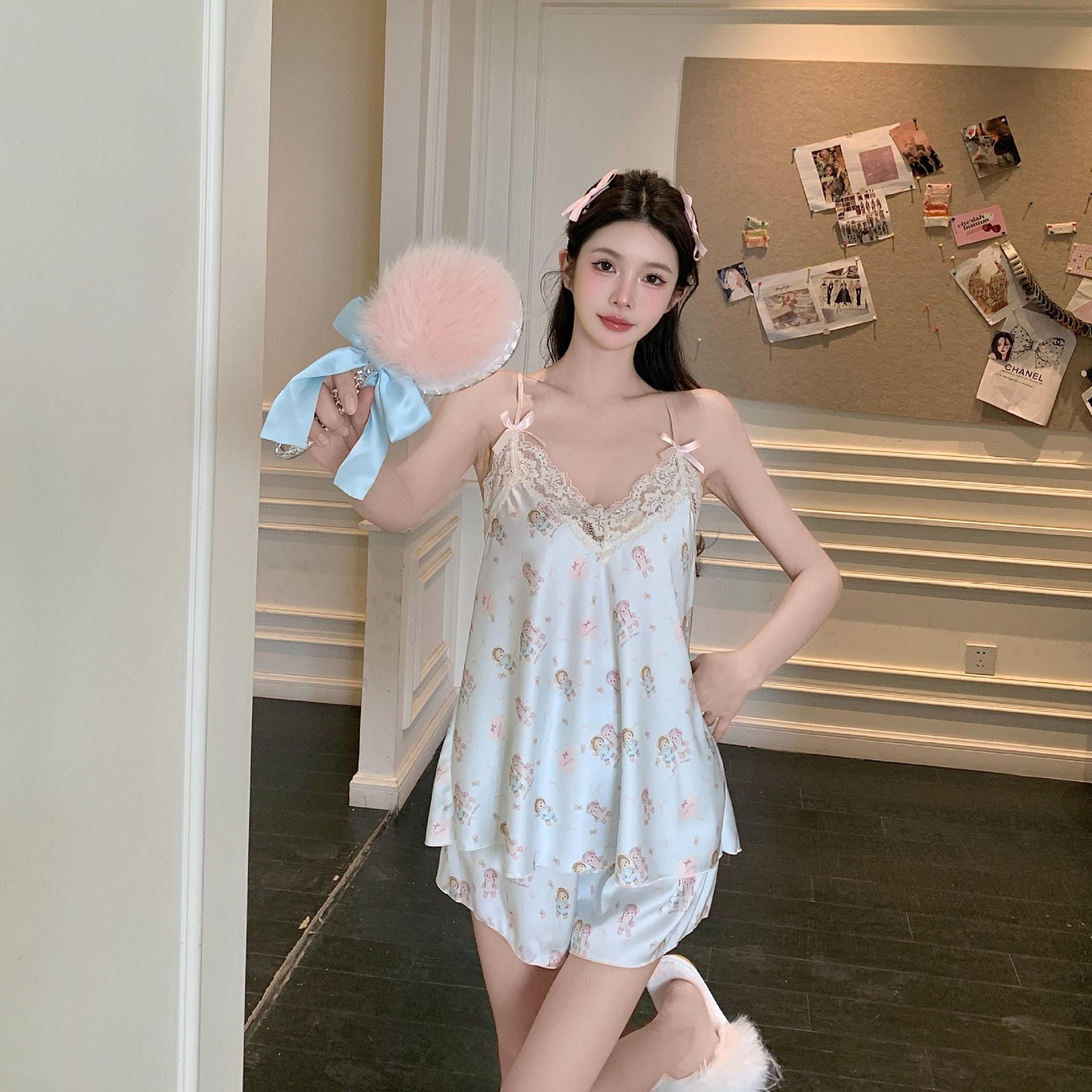Ice Silk Pajamas Women's Summer Girls Pure Want Sling Shorts Home Clothes suit Pajamas Women's Pink Japanese Sexy