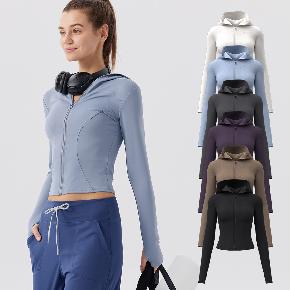 Hooded Yoga Clothes for Women, Tight-Fitting Slimming Look Waist Sports Tops, Running Training, Pilates Fitness Jackets, Cycling Clothes