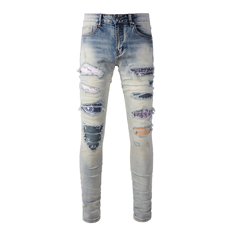 Men's Ripped Pants High Street Jeans Trendy Brand Men's Ripped Beggar Exposed Knee Single Men's Jeans 1333