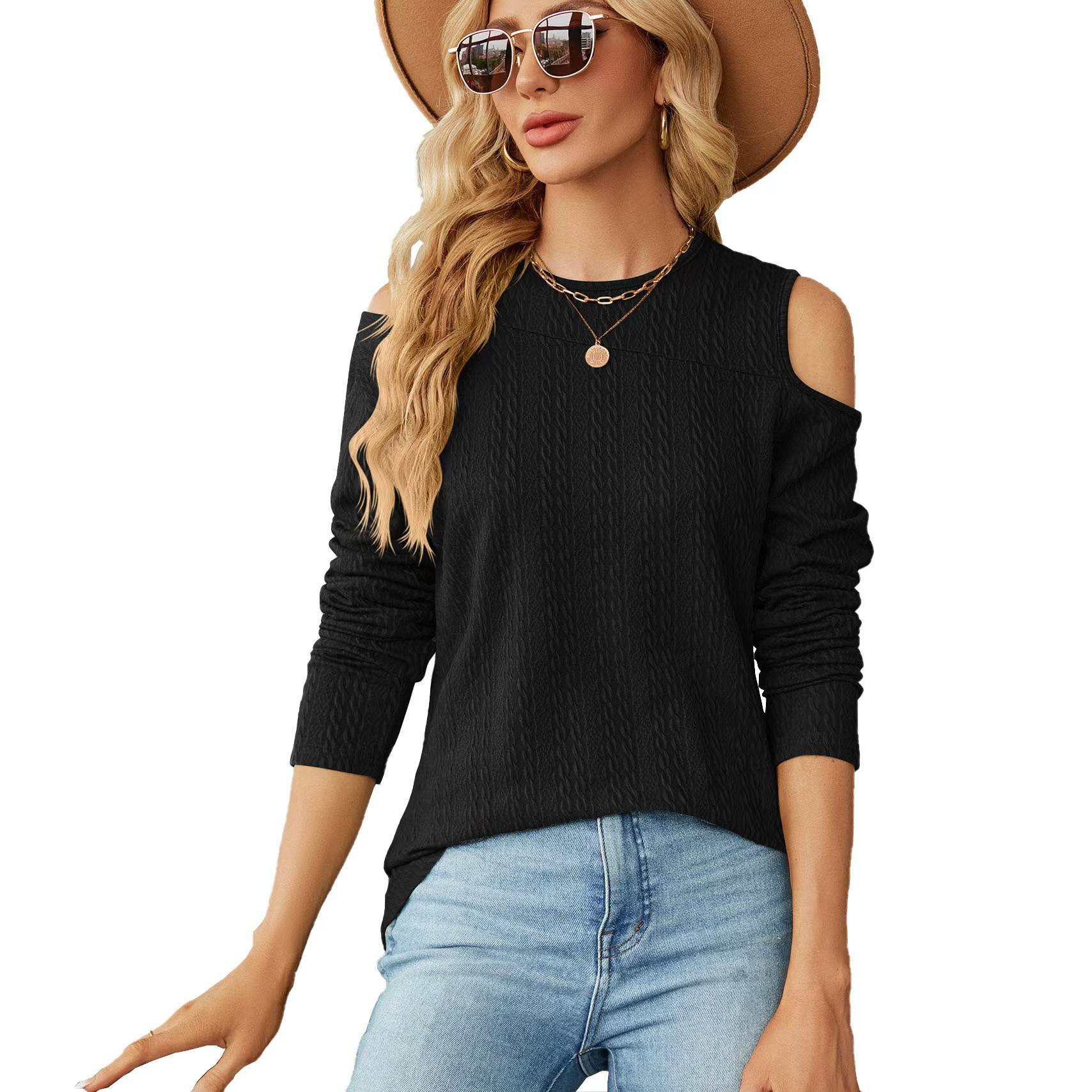 Amazon 2024 Europe and the United States cross-border foreign trade autumn and winter new round neck open shoulder loose long sleeve T-shirt casual top women