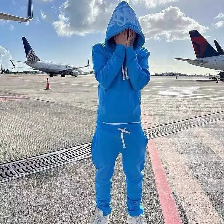 2025 spring wind American street hip-hop trend printing hooded padded sweater men and women tide loose sports set