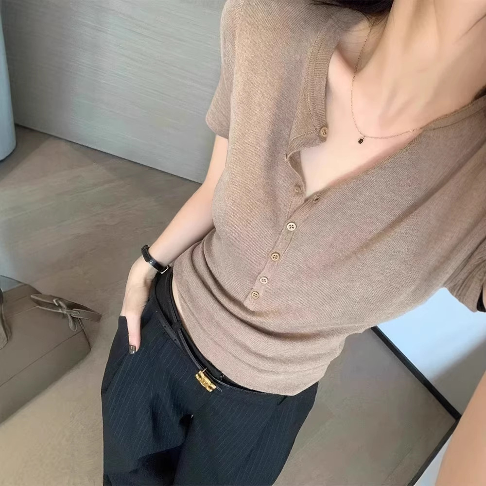 Knitted Short-Sleeve Half-Open Collar Slim-Fit Soft T-Shirt for Women, 2026 Summer New Fine-Spun Wool Base Layer Trendy Style