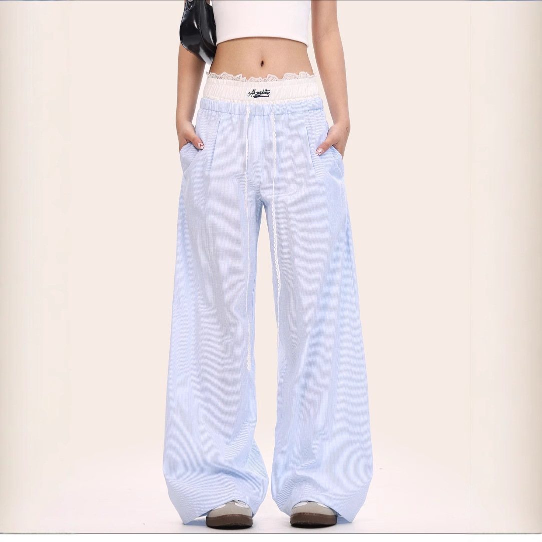Fake Two-piece Blue Casual Pants Women's Spring and Summer Lace Stitching Design Sense Straight Wide-leg Pants Ballet Striped Pants