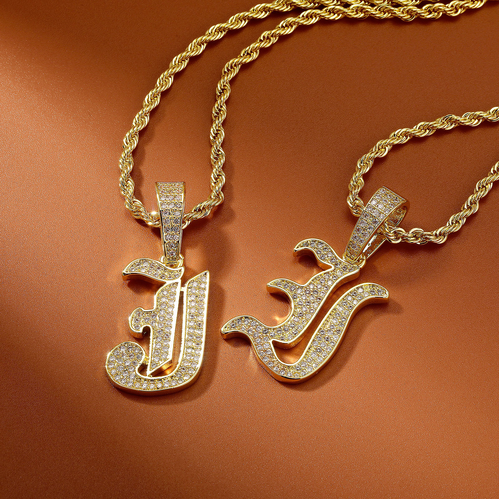 Golden Australia Jewelry European and American Capital Antique 26 English Letter Old Edition Font Pendant Full Zircon Hip-Hop Necklace for Men and Women