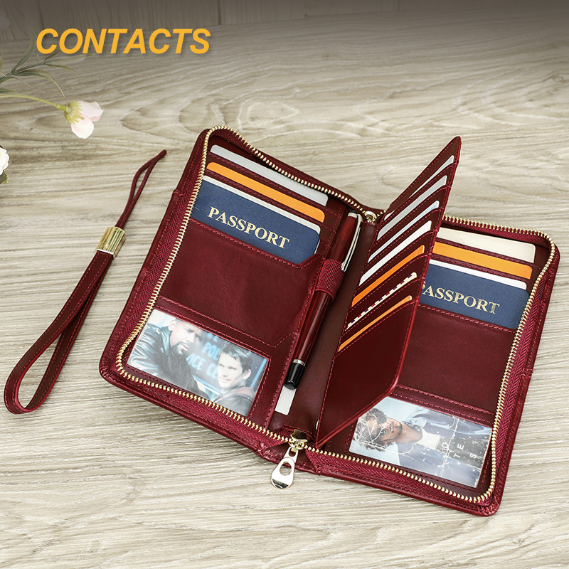 Black Angel Top Layer Cowhide Wrist Strap Travel Family Passport Bag RFID Anti-Magnetic Leather Passport Zipper Bag