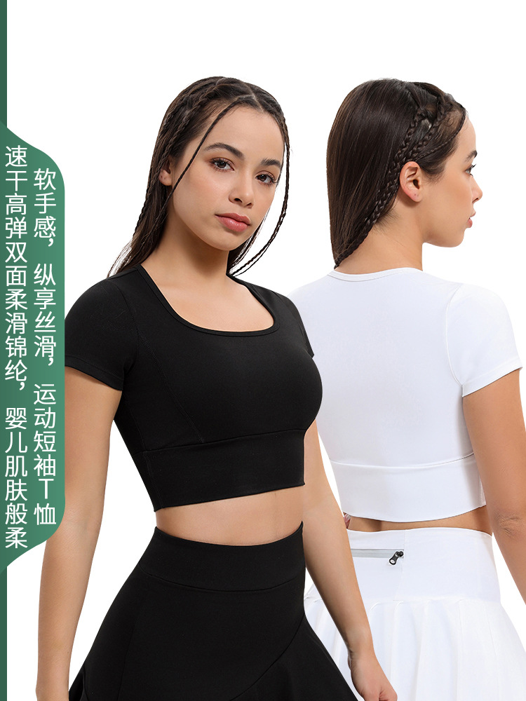 Sports Short-Sleeved Running Quick-Drying Top for Women with Chest Pads, Sexy Outerwear Yoga Top, Navel-Baring Fitness Bra, Cross-Border