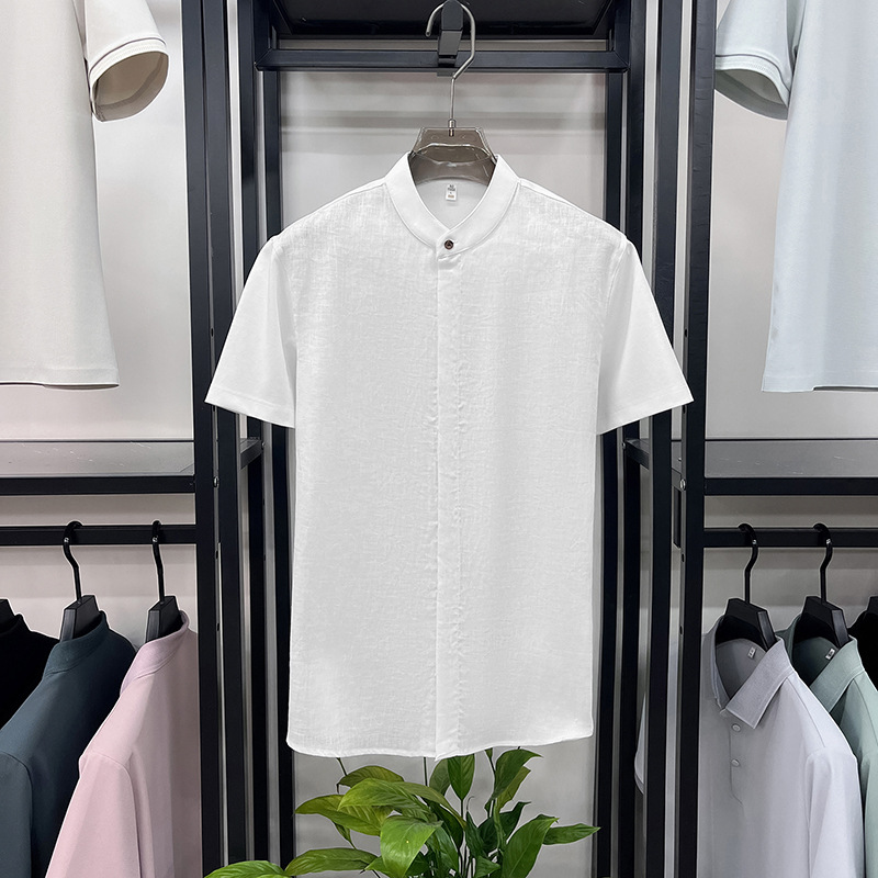 Summer New Style Men's Stand-Up Collar Fashionable Casual Solid Color Youth Breathable Comfortable Skin-Friendly Lightweight Short-Sleeved Shirt