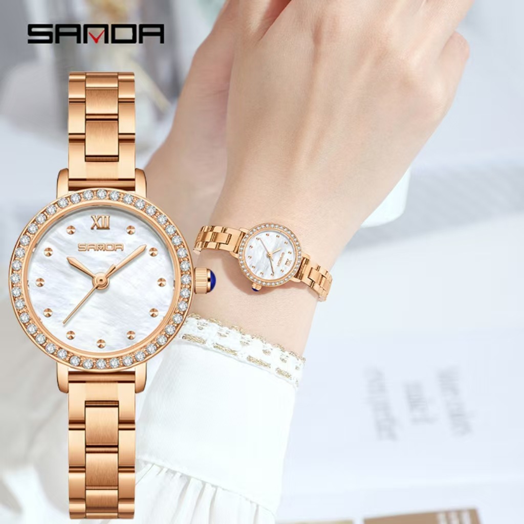 Sanda Light Luxury Vintage Women's Watch with Diamonds, Compact and Elegant, Steel Band Business Watch, New Round Waterproof Quartz Watch Wholesale