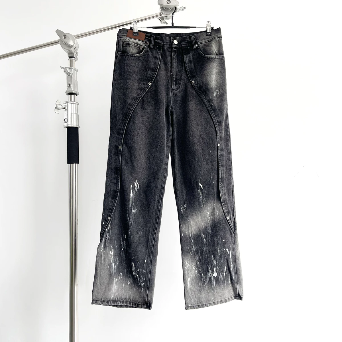 In stock ANDERSSON BELL washed and distressed patchwork loose straight leg wide leg casual jeans with splashed ink