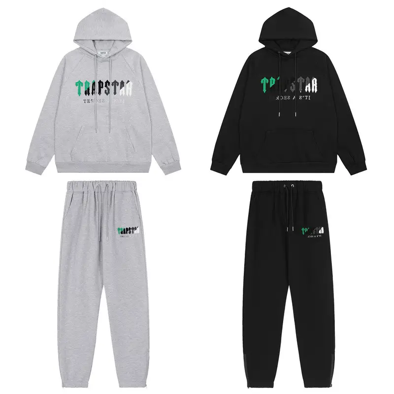 European and American fashion brand Trapstar green black Gray white towel embroidery plus velvet for men and women couples High Street leisure suit