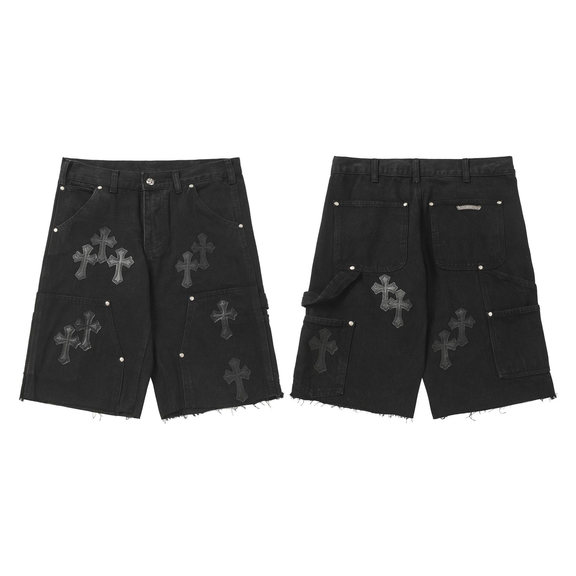 2025 Summer New Ch Crow Cross Embroidery Distressed Denim Shorts Five-Point Pants for Men and Women