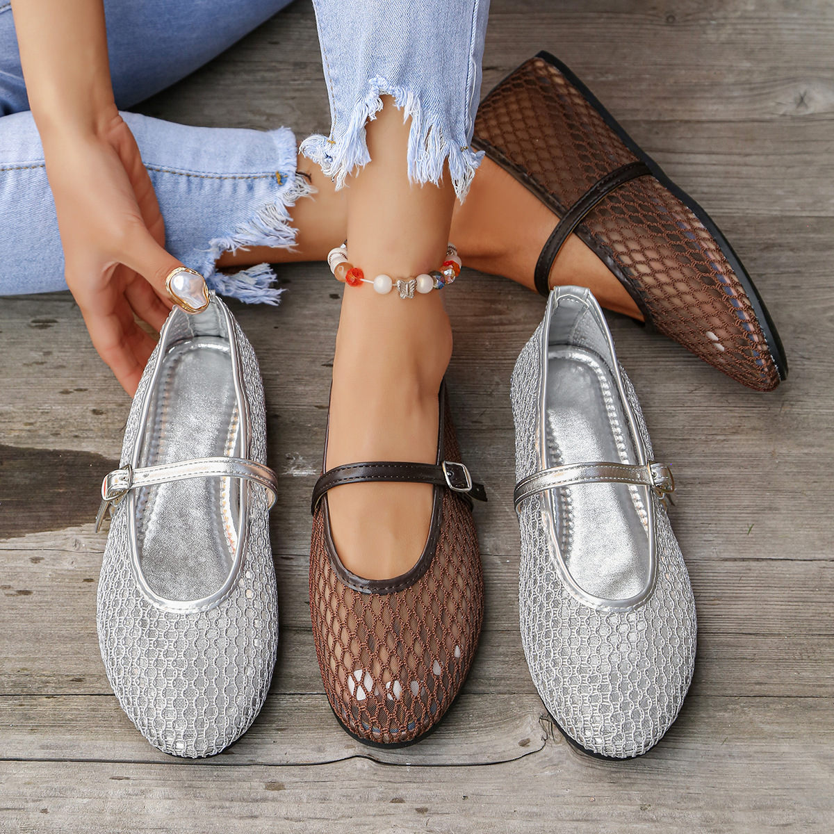 2026 Spring New Style European and American Cross-Border Foreign Trade Large Size Hollow Mesh Flat Buckle Ballet Mary Jane Shoes Wholesale
