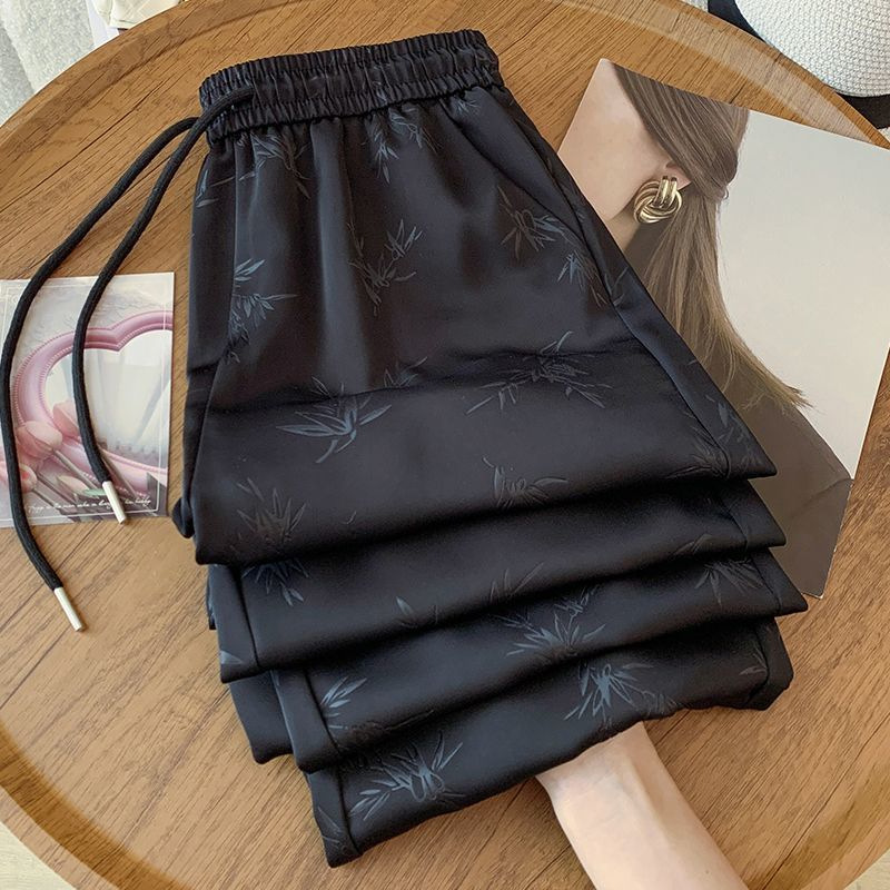 Plus-Size New Chinese-Style Satin Jacquard Wide-Leg Pants for Women, Summer Thin High-Waisted Loose Slimming Straight Pants