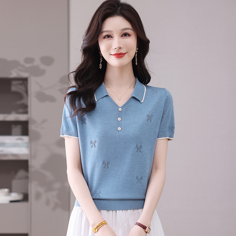 2025 new women's thin bow jacquard t-shirt ice silk top lapel women's knitted short sleeve t-shirt for women