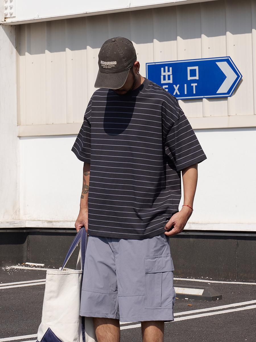 Trs Japanese Trend Series | 26Ss Custom-Woven 310g Double Yarn Round Neck Striped Short-Sleeve Loose Fit Drop Shoulder Five-Quarter Sleeve T-Shirt for Men.