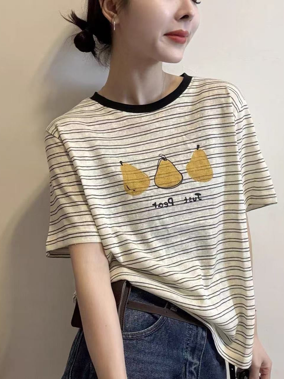 26 Summer Style T-Shirt Short-Sleeved Women's Striped Loose Casual College Style T-Shirt Top Lazy Style Skin-Friendly Thin T-Shirt