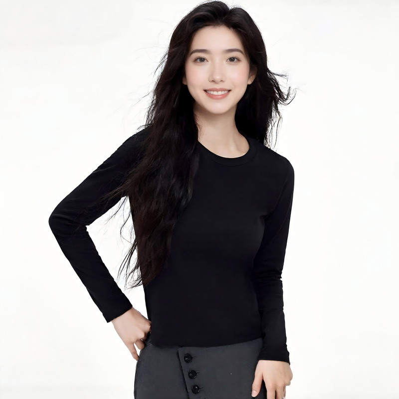 Women's Regular Shoulder-Length Long-Sleeve T-Shirt, Spring and Autumn Style, American-Style Spicy Girl Vibe, Slim Fit, Flattering, Suitable as a Base Layer or Outerwear
