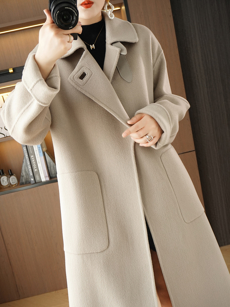 Autumn and Winter New Wool Double-Sided Tweed Coat Women's Mid-length Elegant High-end Korean Style Lapel Handmade Tweed Coat