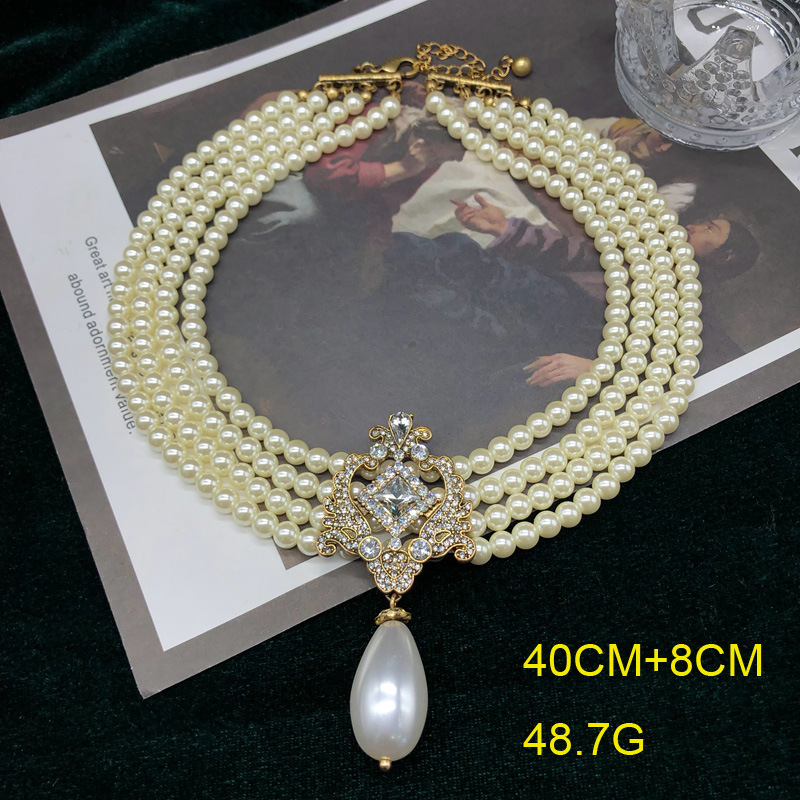 Middle Ancient Palace Style Multi-Layer Glazed Pearl Necklace Heavy Industry Jewel Diamond Water Drop Pearl Pendant Necklace Woolen Chain