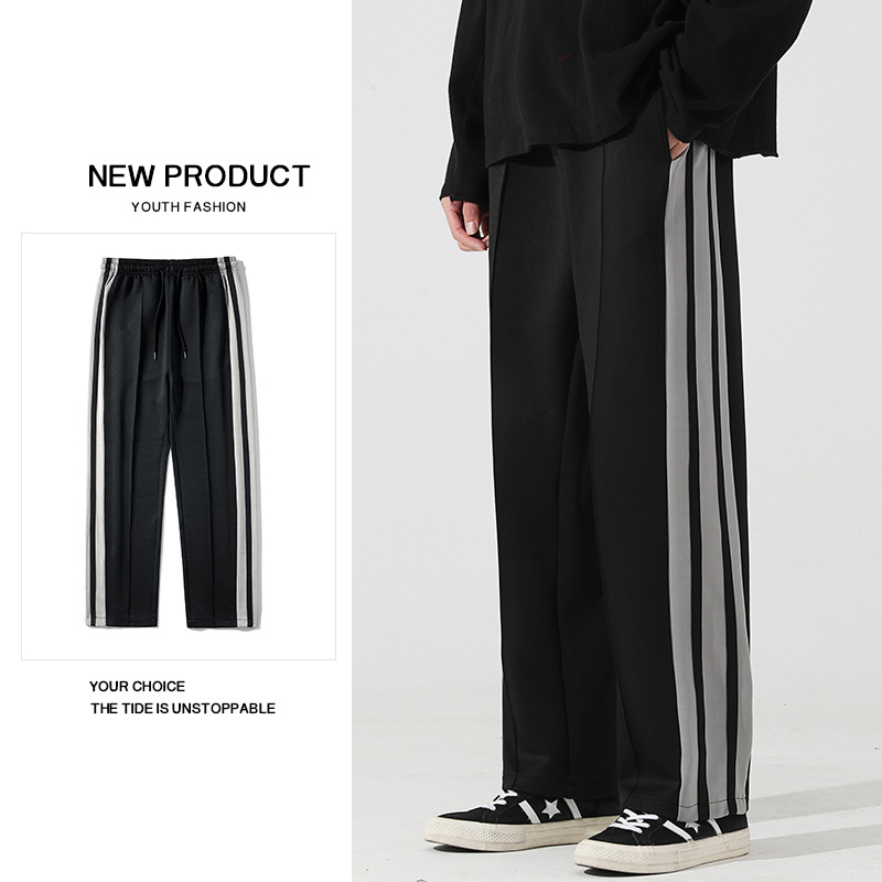 2025 Men's Casual Pants Korean Style Men's Loose Straight-Leg Spring and Autumn Trendy Sports Pants Easiest for Match Three Stripes Long Pants