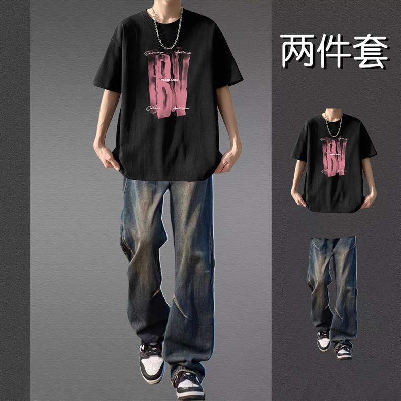 American Style Fashion Brand Short-sleeved T-shirt Men's Summer suit Boys Handsome Set Matching Fashionable Jeans Two-piece Set