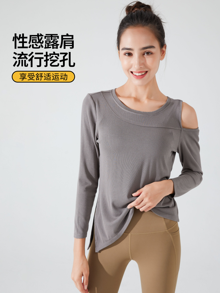 Ningbo restart rib off-the-shoulder long sleeve yoga blouse women's autumn lightweight sports top loose running workout clothes