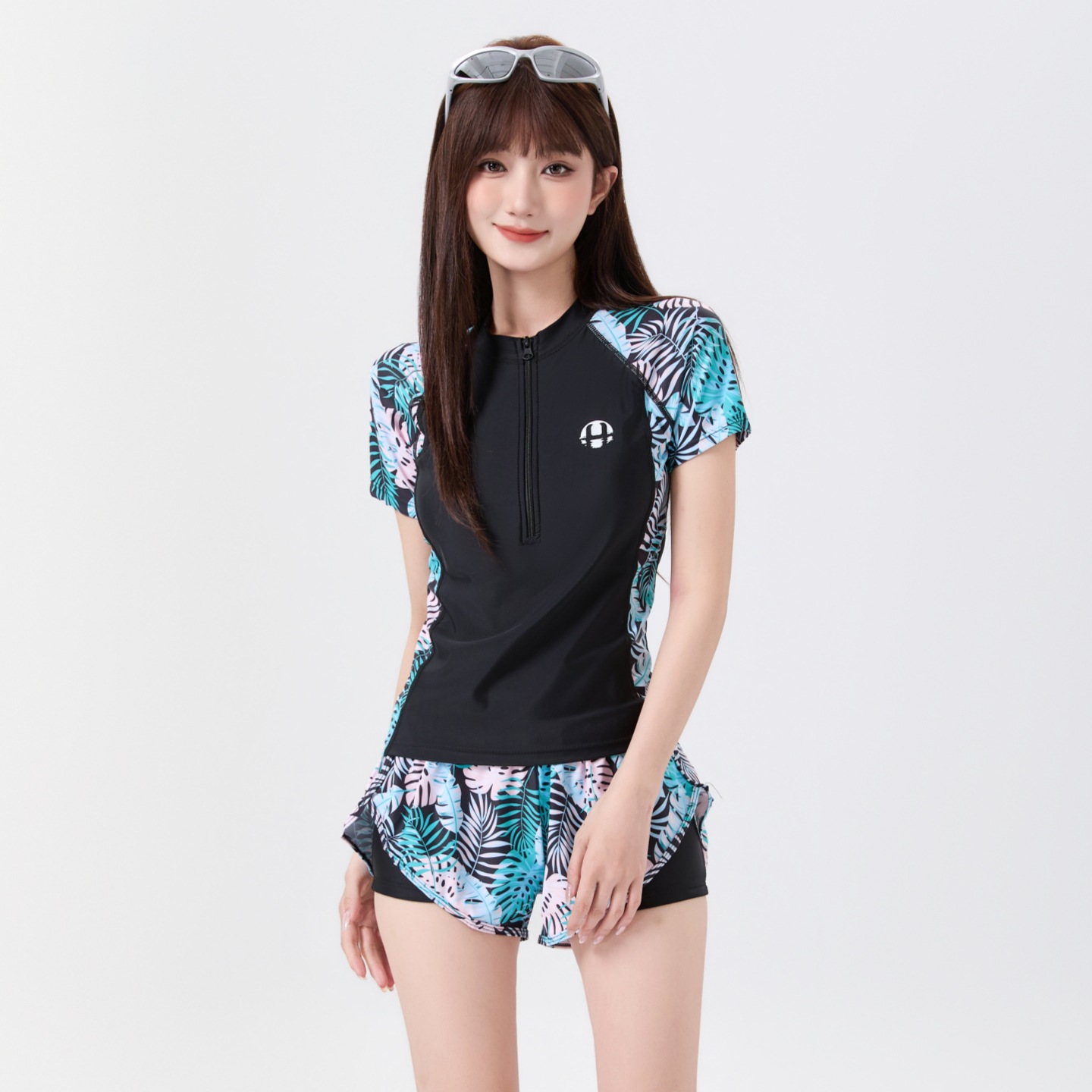 High-End Color-Blocking Printed Short-Sleeve Diving Suit, 2026 New Korean Style Conservative Sports Two-Piece Swimsuit