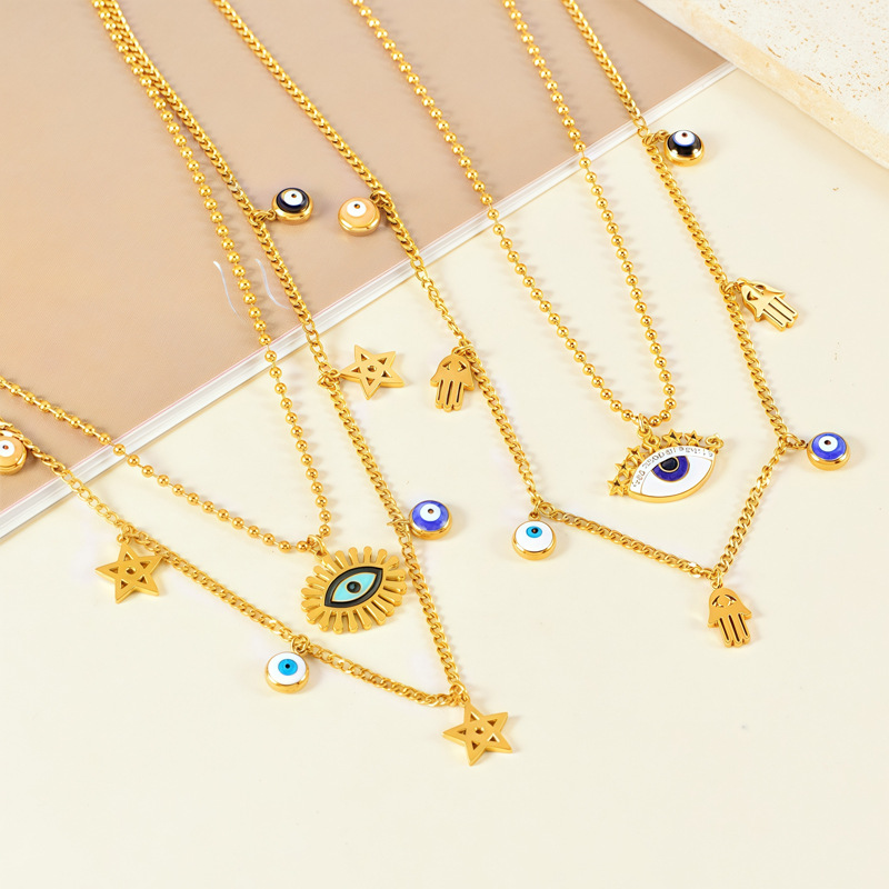 Cross-border Baita Stainless Steel Devil's Eye Necklace Palm Five-pointed Star Double-layer Clavicle Chain Not Falling Factory Direct Batch