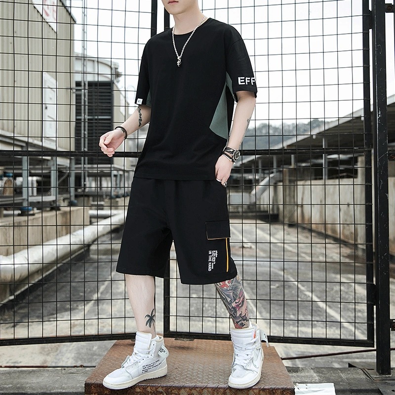 Summer Pure Cotton Men's Casual Suit Trendy New Style Round Neck Short-Sleeve T-Shirt and Five-Point Shorts Student Two-Piece Set No Matching Needed