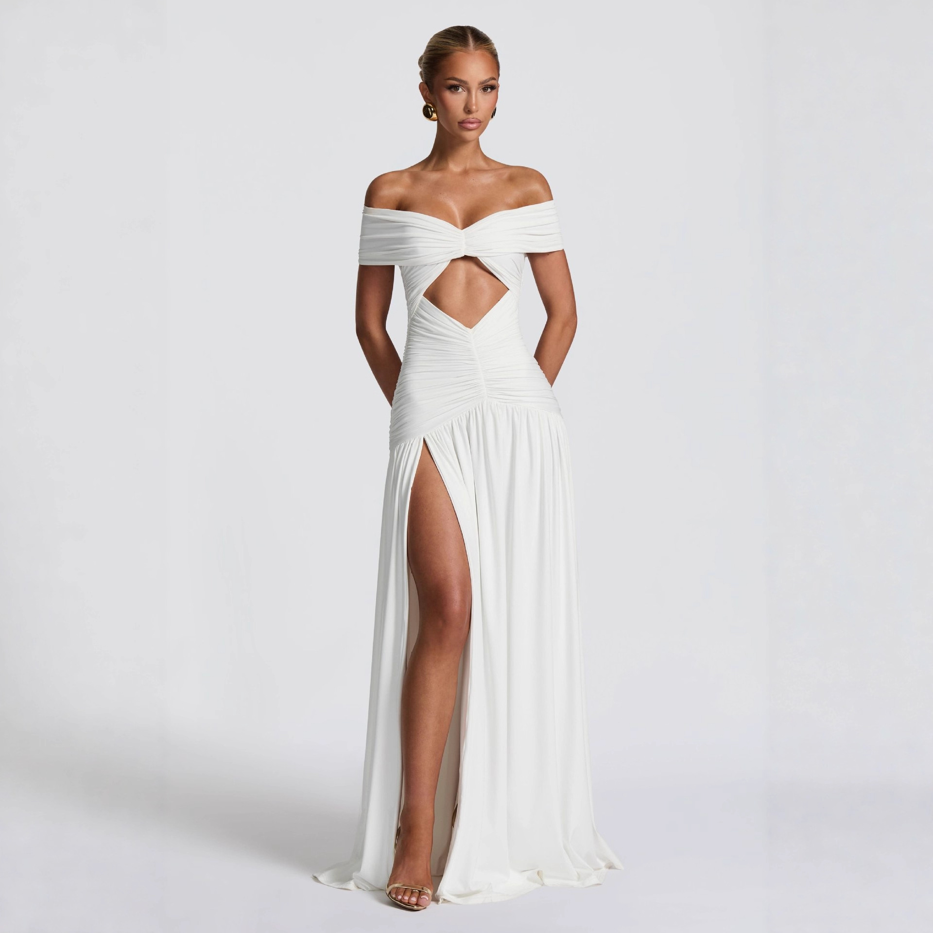 Cross-Border Style European and American Off-Shoulder Dress, Slimming Solid Color Diagonal Slit, Fitted Patchwork Irregular Fishtail Long Dress Wholesale