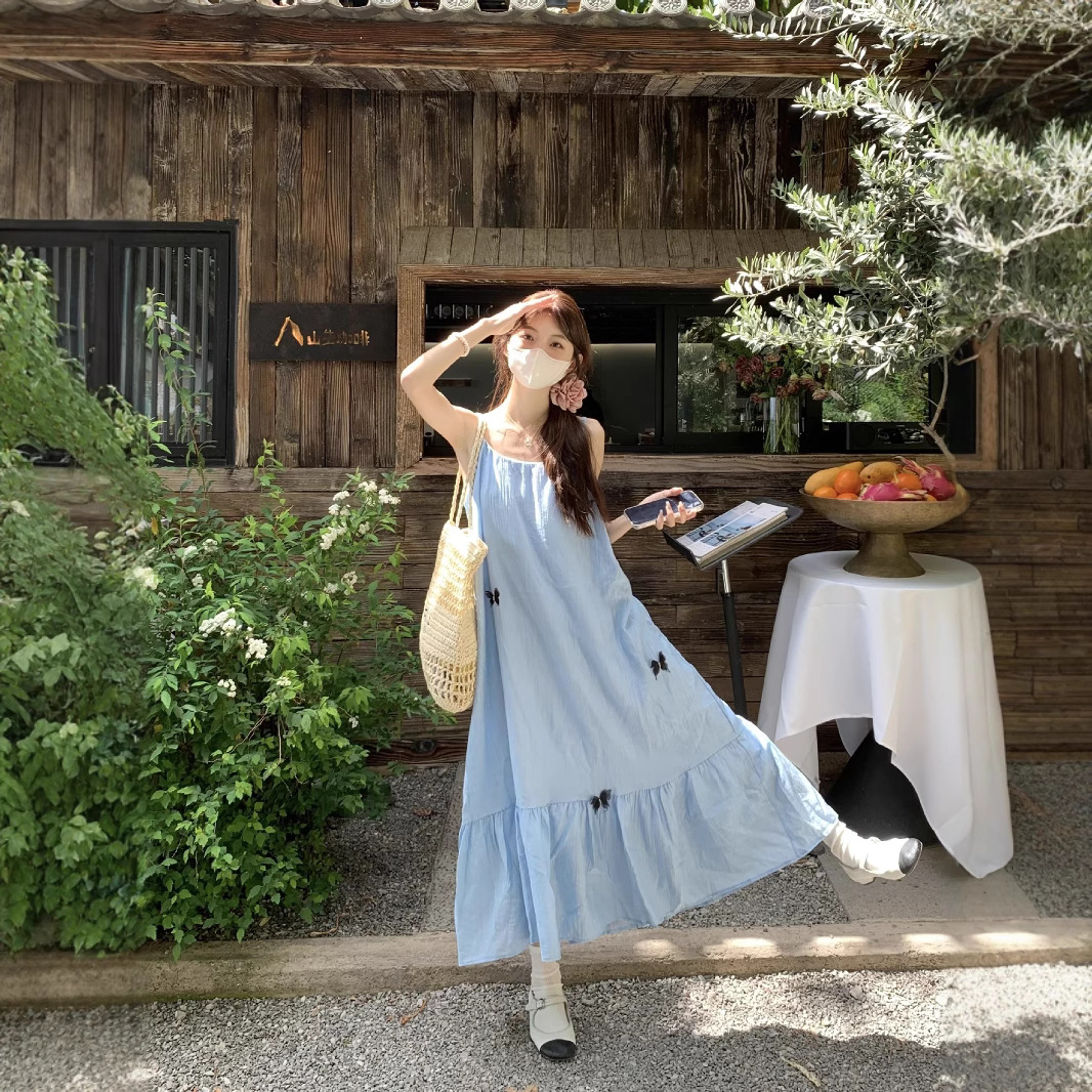 Seaside Resort Style Blue Suspender Dress for Women Summer Design Stereo Bow Loose Sleeveless Long Skirt