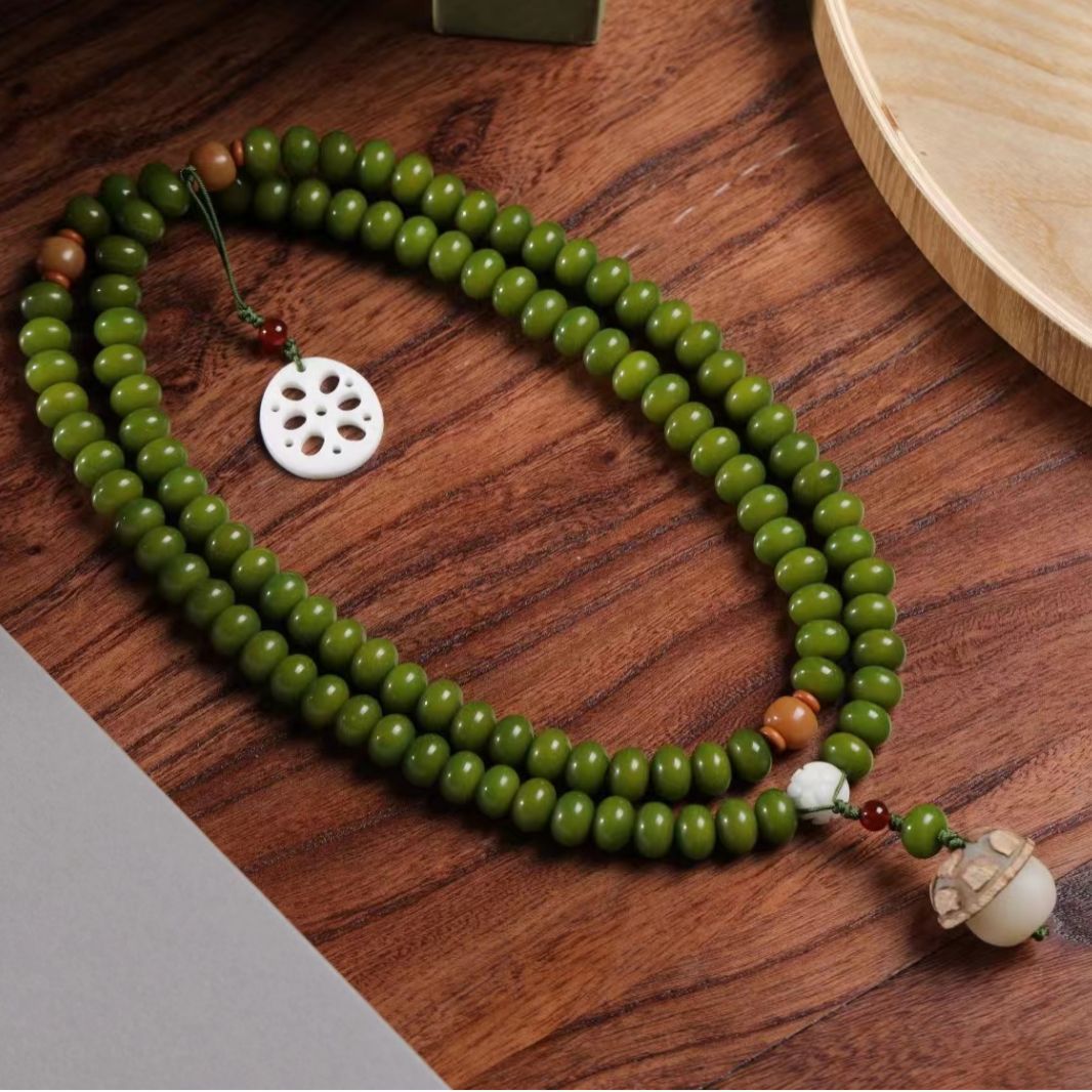 Jia Yu Tiancheng Emperor Green White Jade Bodhi Abacus Bead Men's and Women's Bodhi Root Multi-circle Bracelet Factory Wholesale Necklace