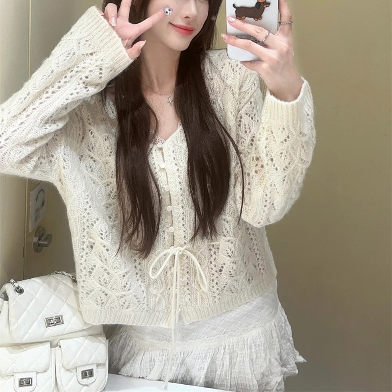 Gentle Style Creamy White Hollow Crochet Sweater Cardigan Women's Spring and Autumn New Style V-Collar Knitted Coat Top