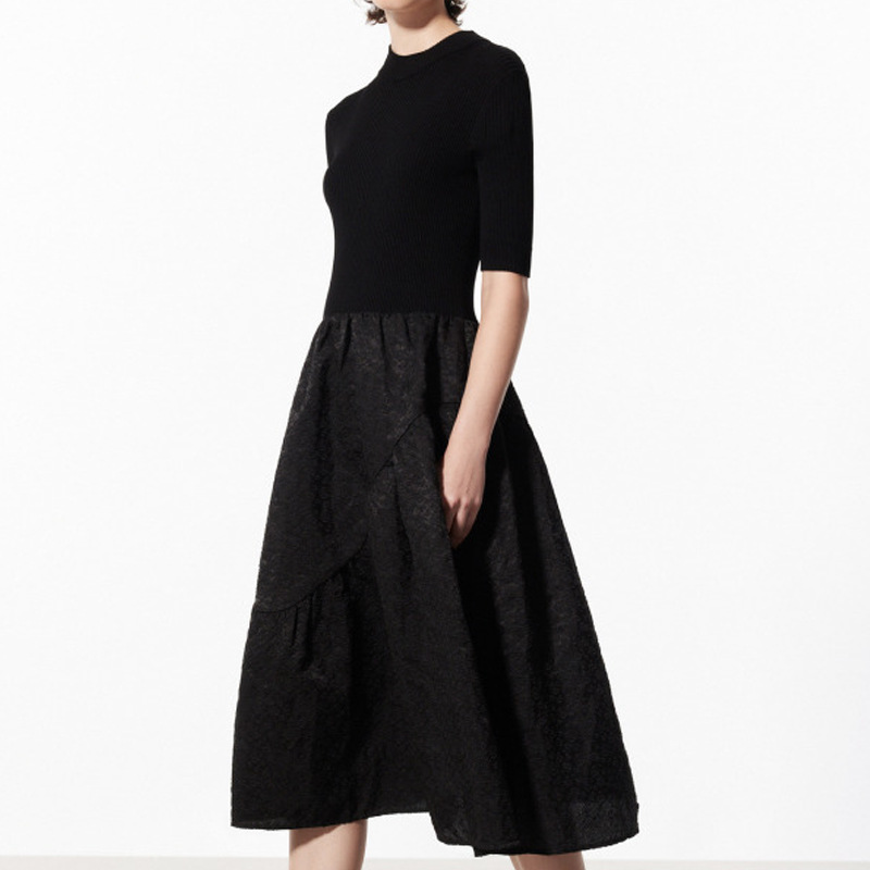 Hepburn Superior Sense Slim Fit Fluffy Dress Autumn Knitted Half Sleeve Small High Neck High Waist Stitching Black dress