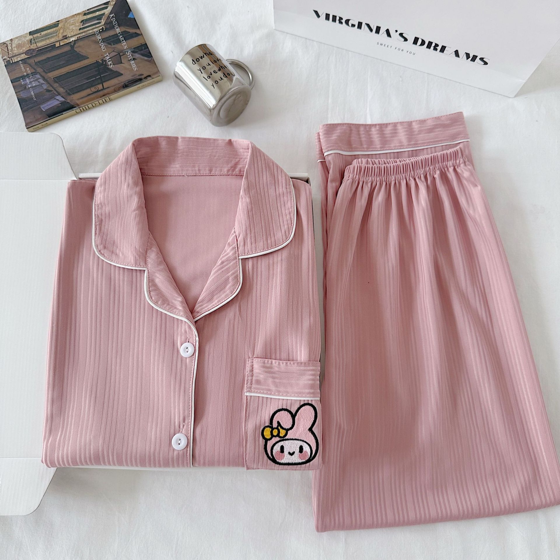 Cute Little Bunny Pajamas for Women, Spring and Autumn Style, Imitation Cotton Milk Silk, 2026 New Model, Cardigan with Turn-Down Collar, Home Wear Set