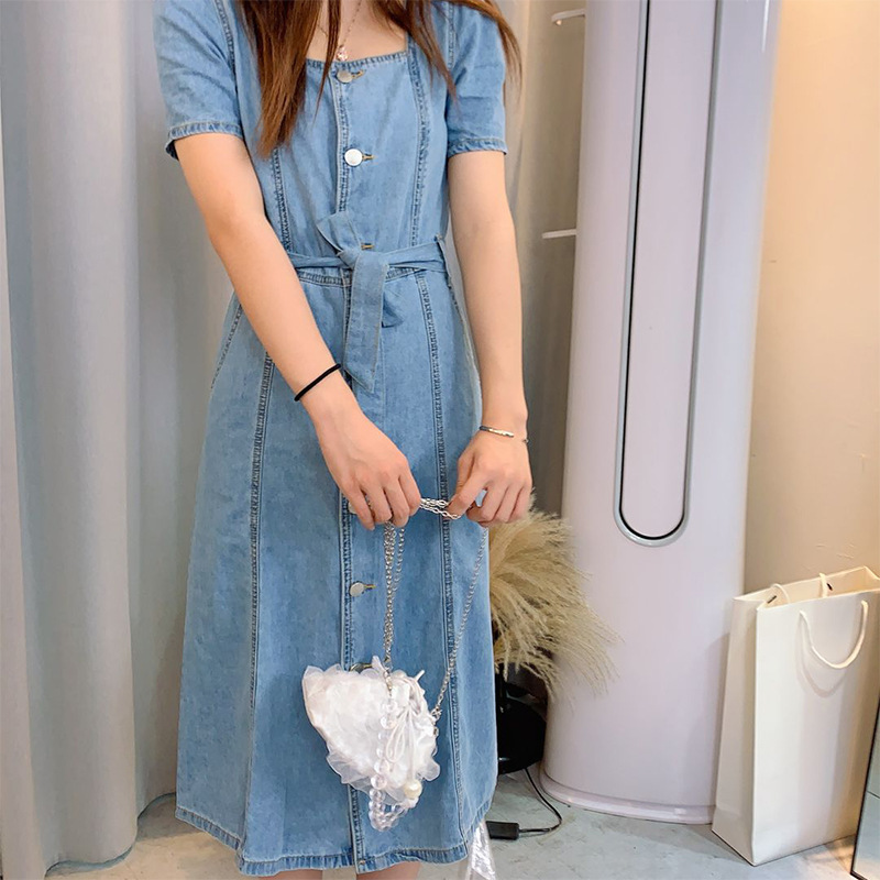 Denim Dress Women's Summer 2024 New Thin Square Collar Slim Waist Short-Sleeved Long Skirt L0345