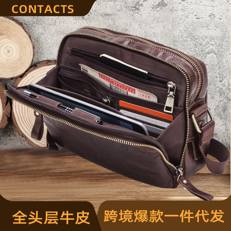 Black Angel casual fashion cowhide men's shoulder messenger bag multi-functional first layer cowhide men's bag in stock generation hair