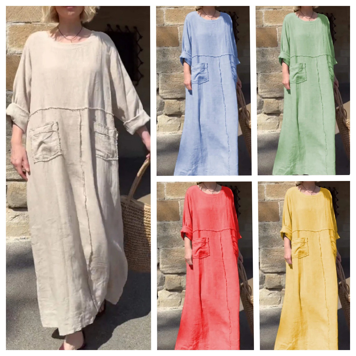 Women's Solid Color Round Neck Cotton and Linen Long-Sleeve Casual Pleated Dress with Side Pockets, Loose Fit, European and American Style, Japanese and Korean Casual