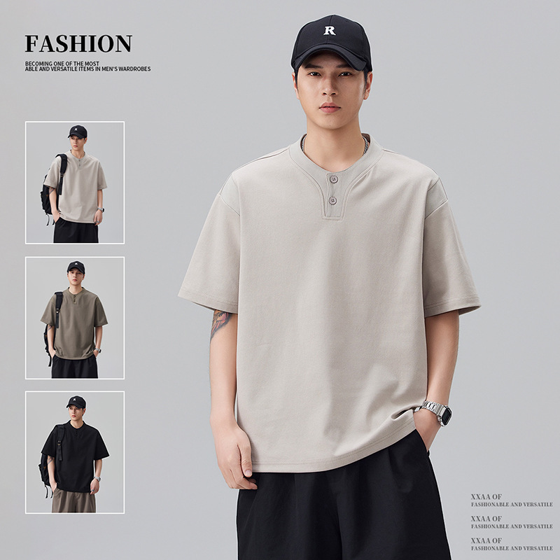 2026 Summer New Style American Retro Henry Collar Short-Sleeved T-Shirt for Men, Loose and Versatile, Casual and Trendy Half-Sleeved Top