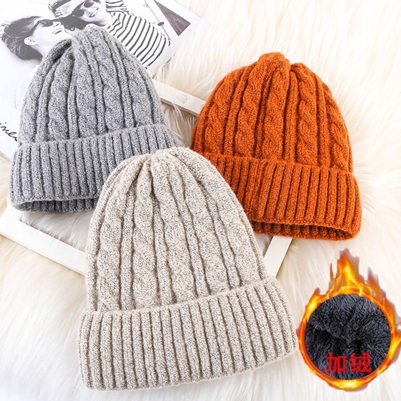 Autumn and winter mohair adult fleece-lined knitted wool hat female Korean ear protection hat warm thick knitted hat foreign trade