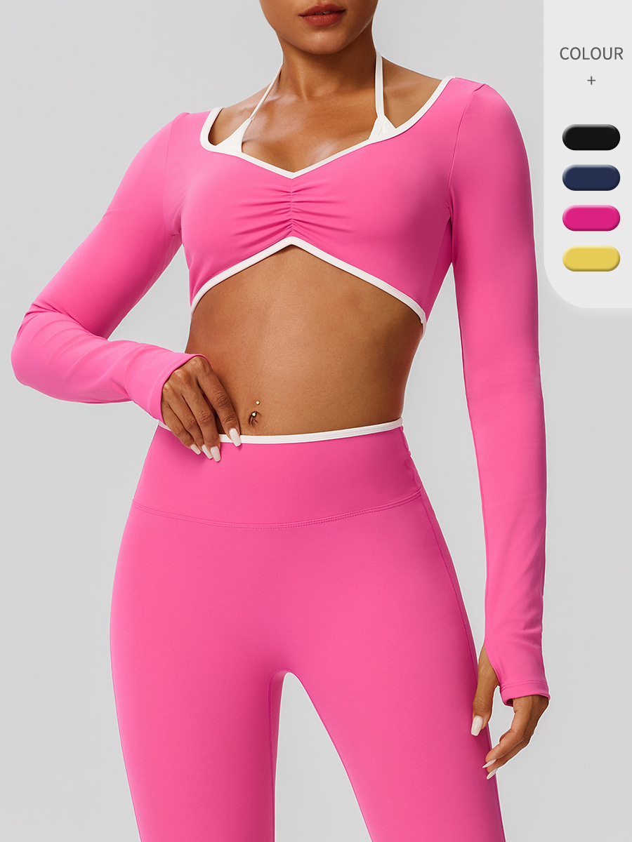 European and American Style Color-Blocking Sexy Yoga Top, Long-Sleeve Women's Quick-Dry Running Sports T-Shirt, Fitness Wear with Chest Pads 52546