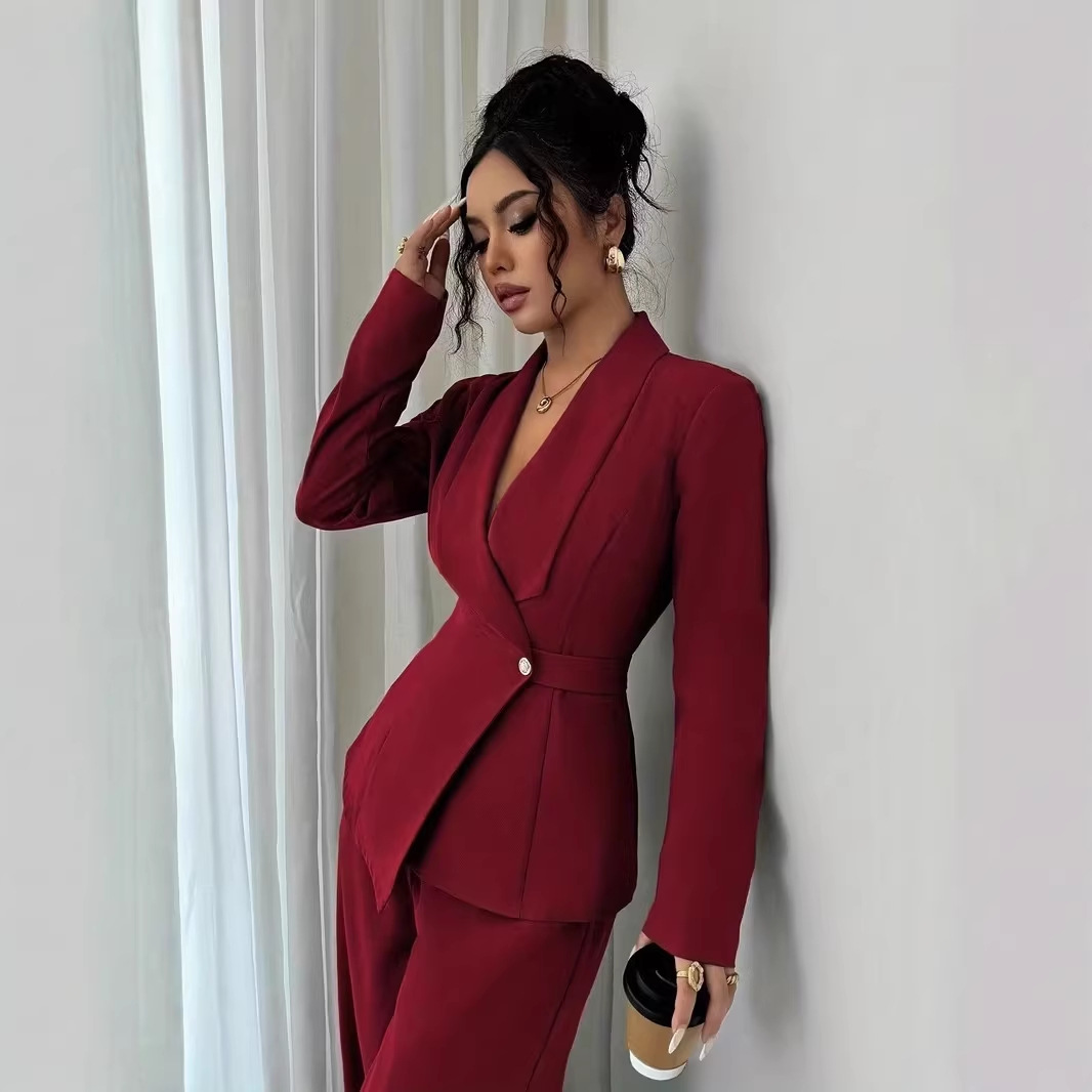 Amazon European and American Foreign Trade Spring and Autumn Fashion Casual Suit for Women, Solid Color V-Neck Long-Sleeved Shirt and Wide-Leg Pants Two-Piece Set