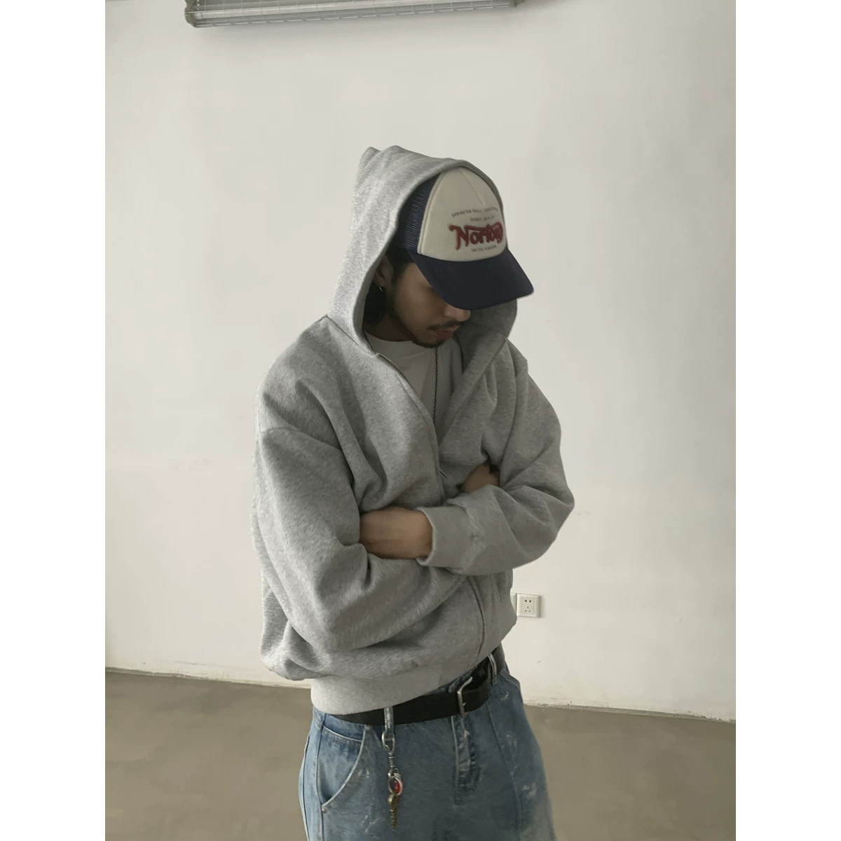 INKNOTS American retro silhouette loose Boxy short zipper hoodie men's and women's trendy brand air layer jacket