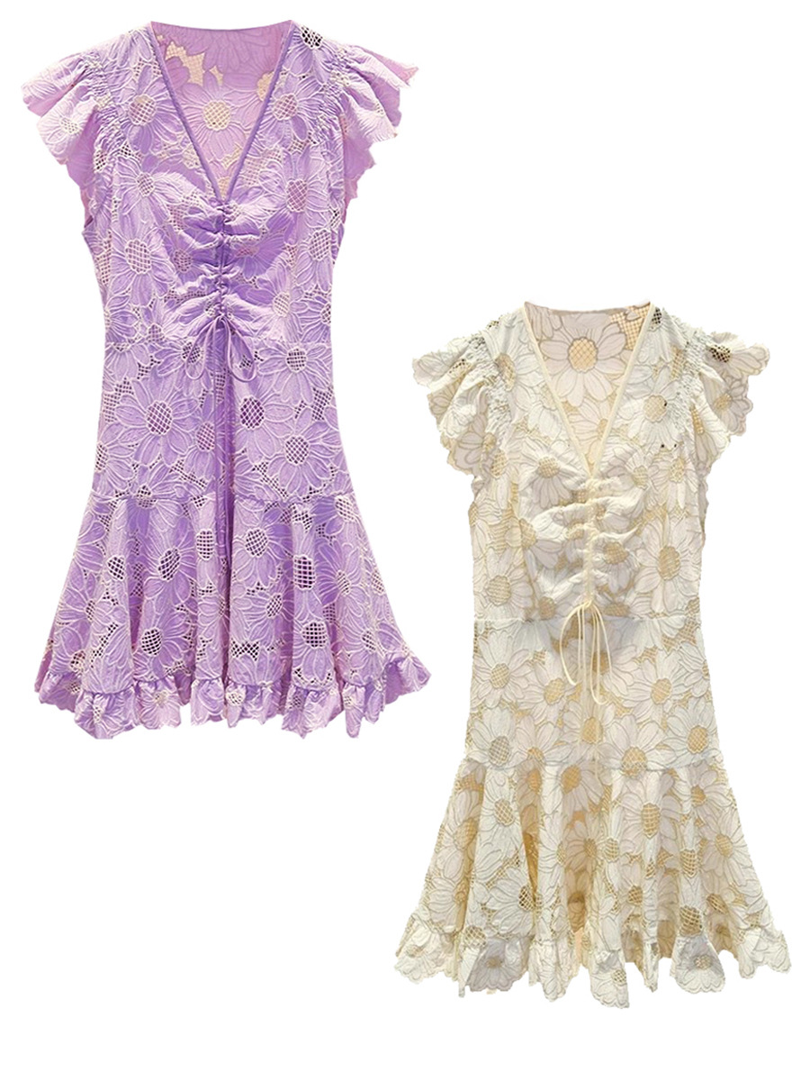 Fa Shan S Home 2024 Summer New V-neck Chrysanthemum Embroidered Hollow Dress Sexy Drawstring Short Fairy Dress