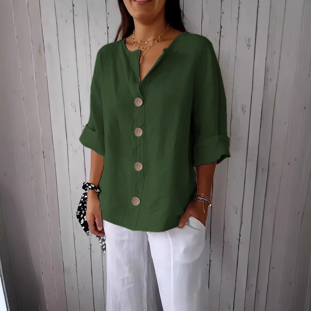 Amazon 2025 Cross-Border European and American Summer New Loose T-Shirt Women's V Neck Cotton and Linen Button Top